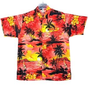 Rima Mens Size M Caribbean Shirt Hawaiian Orange Tropical Palm Tree Beach Sunset